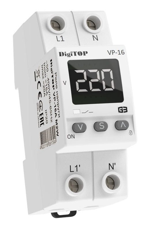 Реле напруги VP-16A M2W, 2 модулі, 16А білий індикатор DIGITOP