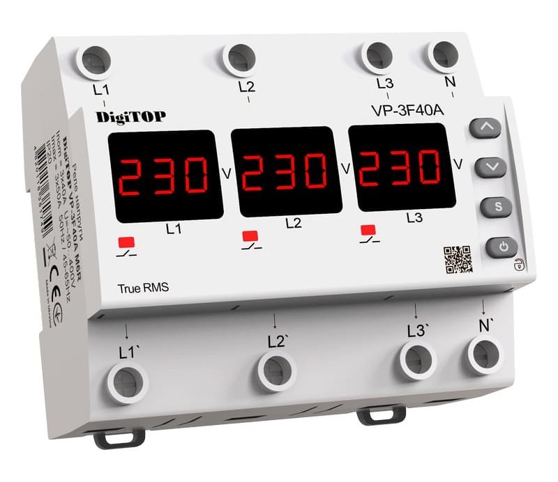 Реле напруги трифазне VP-3F40A M6R, 6 модулів, 40А червоний індикатор біле DIGITOP