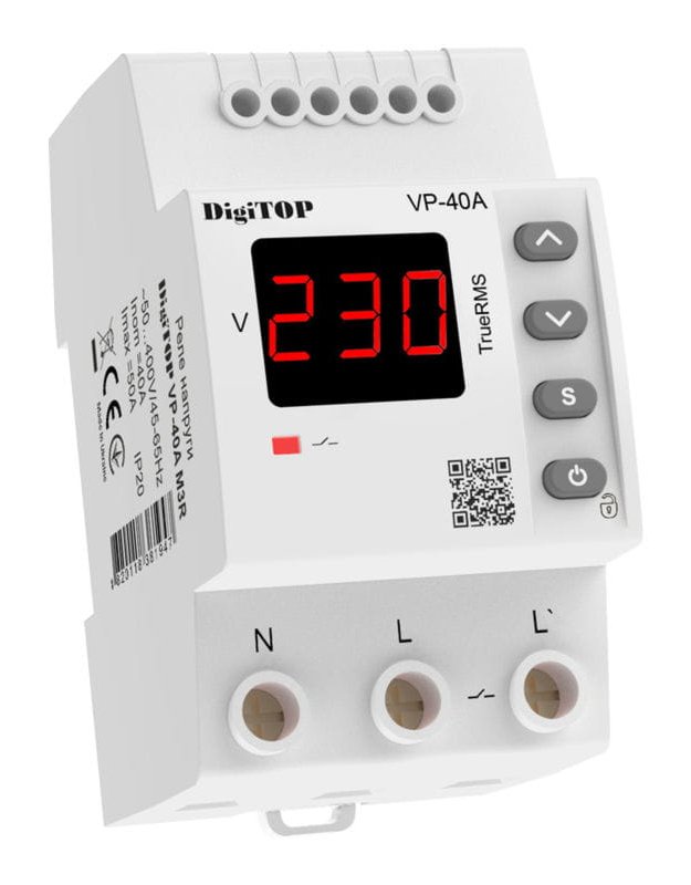 Реле напруги VP-40A M3R, 3 модулі, 40А біле DIGITOP